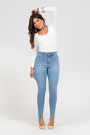 Calça Skinny Jeans Feminina Bi-stretch Cintura Alta Indigo Claro Rocksham